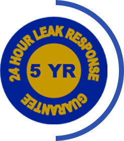 A blue and yellow logo with the words 24 hour leak response.