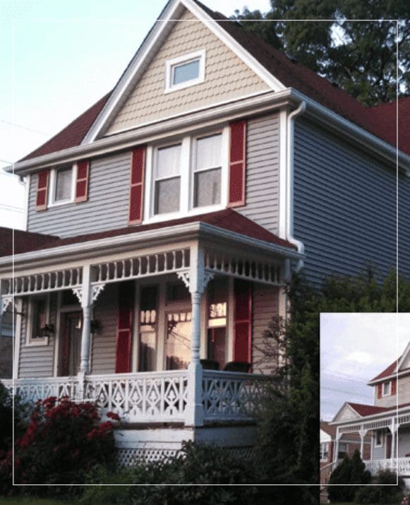 Two pictures of a house with a porch and red shutters.